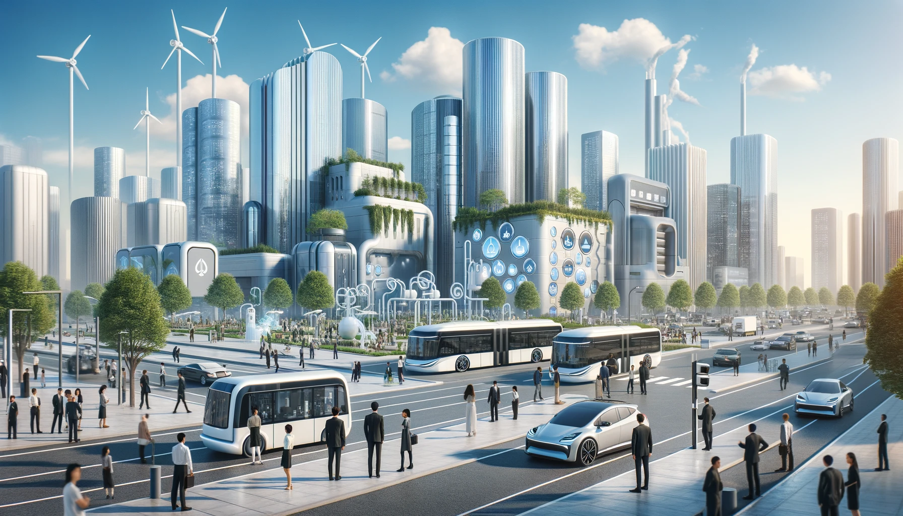A futuristic city utilizing hydrogen fuel technology for a sustainable, clean environment.